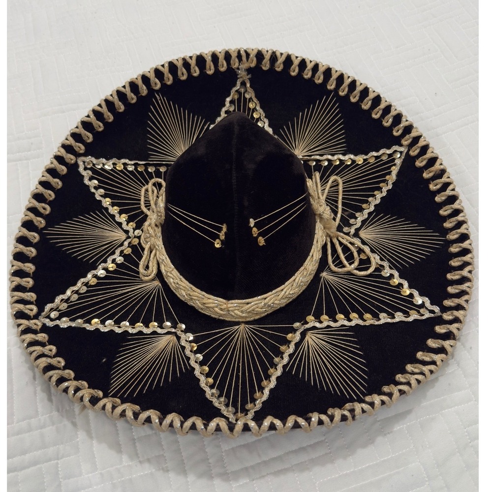 Vintage Mexican Mariachi Sombrero Black Velvet Gold Embroidery Sequin Charro Hat